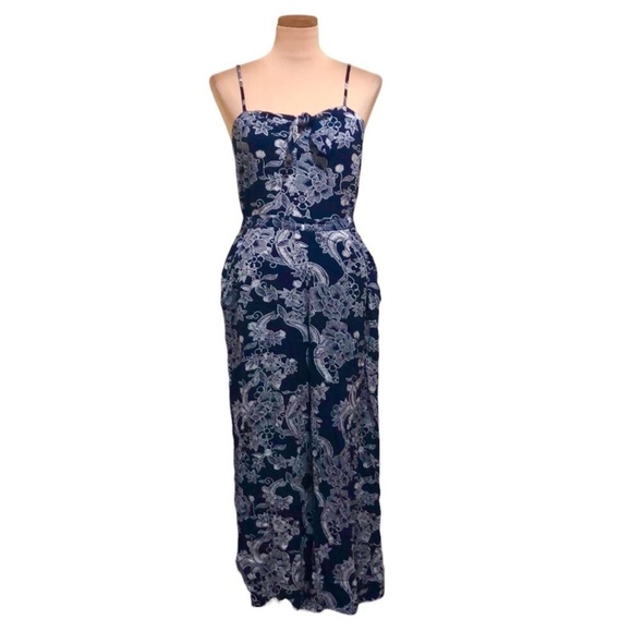 Roxy Wide Leg Jumpsuit Size Small Navy Blue Floral Cutout Bust - Picture 1 of 12